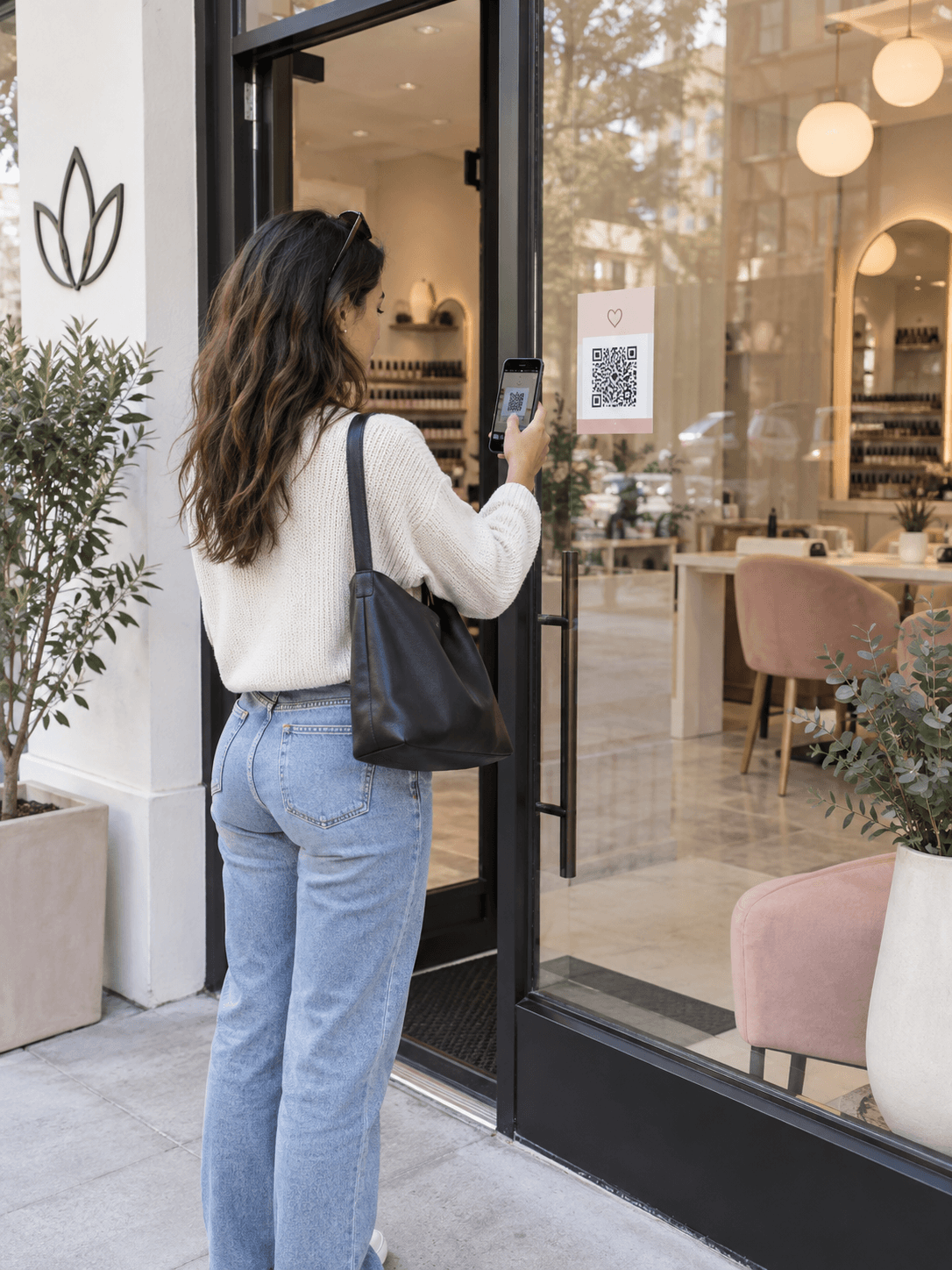 A walk-in guest scanning the salon QR code from the front window